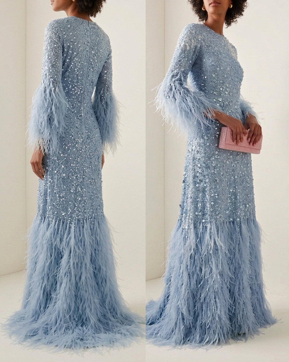 Powder Blue Feather Sequin Beaded Long Sleeve Maxi Party Dress