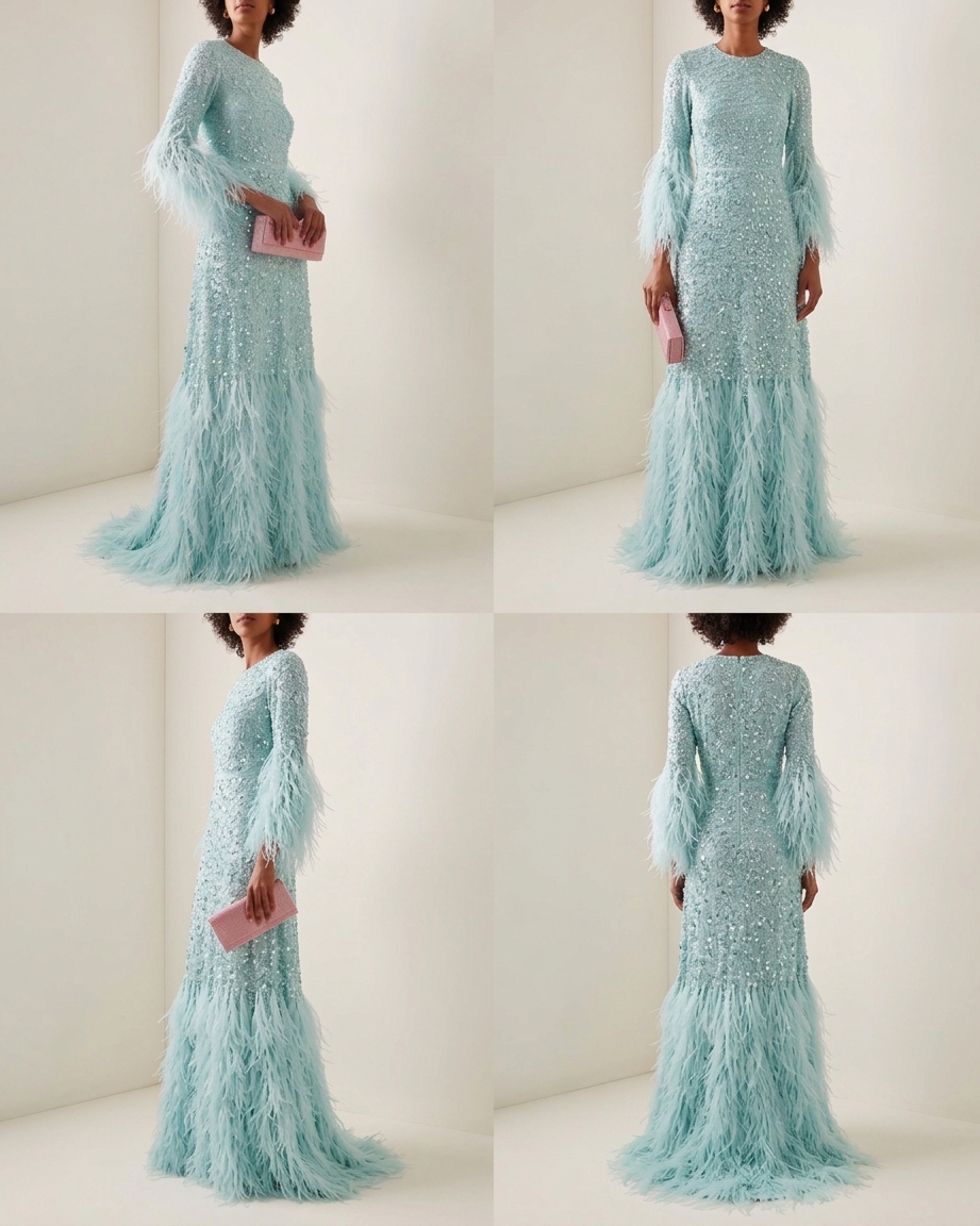 Powder Blue Feather Sequin Beaded Long Sleeve Maxi Party Dress