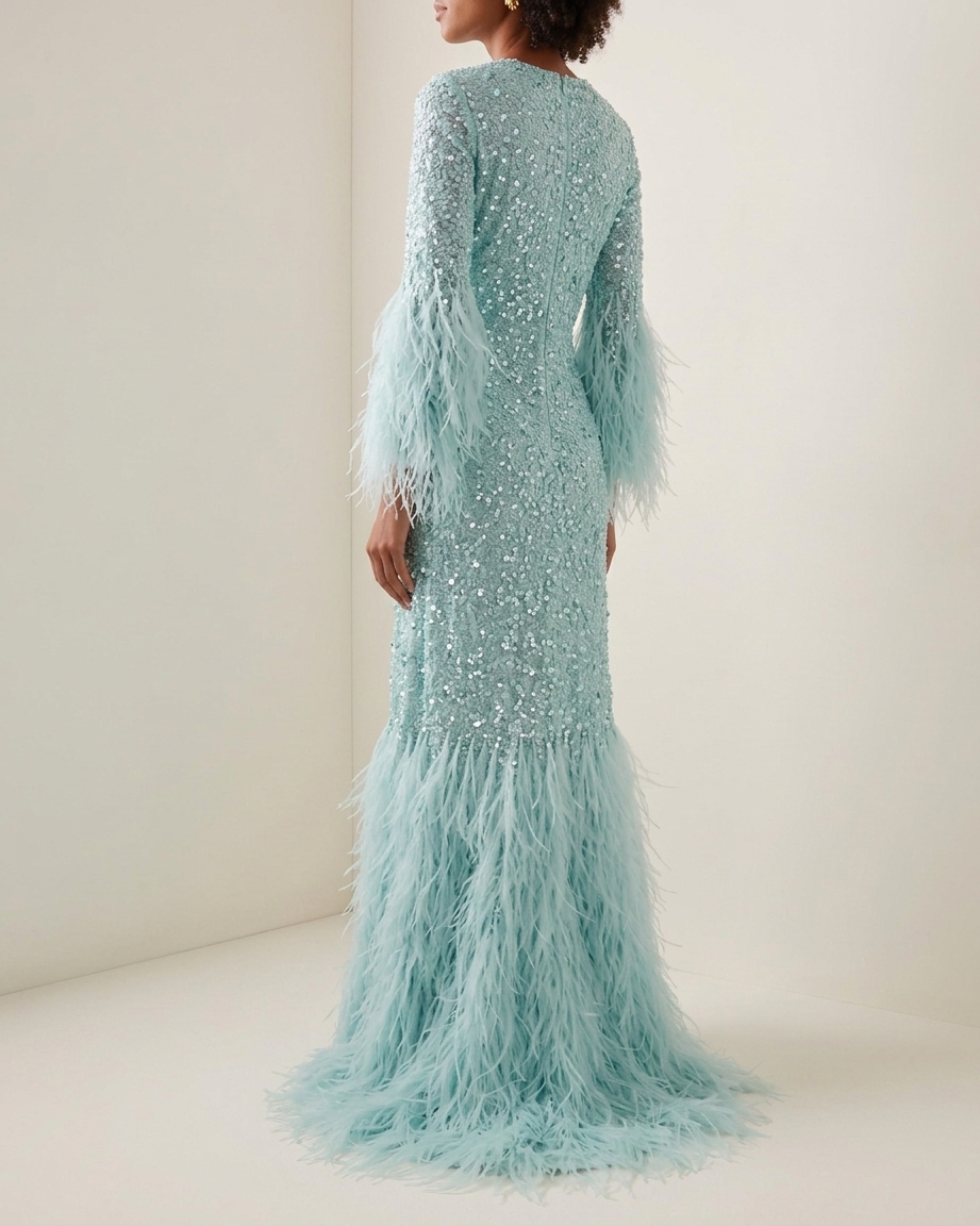 Powder Blue Feather Sequin Beaded Long Sleeve Maxi Party Dress