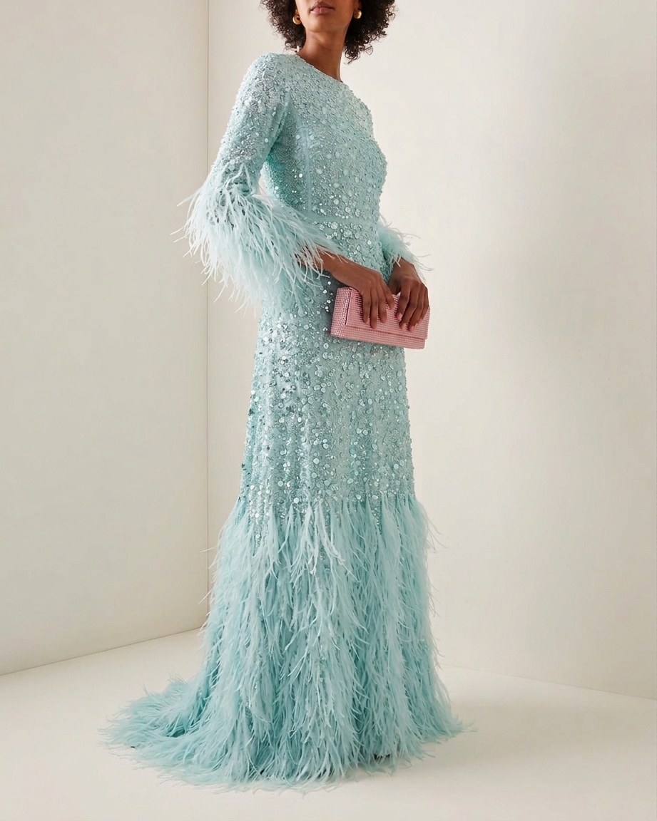 Champagne Feather Sequin Beaded Long Sleeve Mini Homecoming Party Dress HC043 | LLELLA