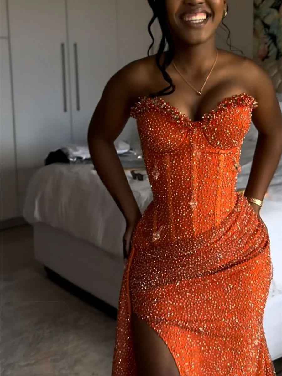 Glitter Strapless Mermaid Sequined Long Prom Dress with Slit-LLELLA