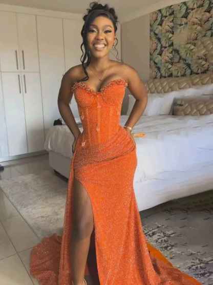 Glitter Strapless Mermaid Sequined Long Prom Dress with Slit