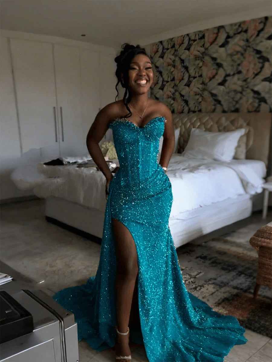 Glitter Strapless Mermaid Sequined Long Prom Dress with Slit-LLELLA