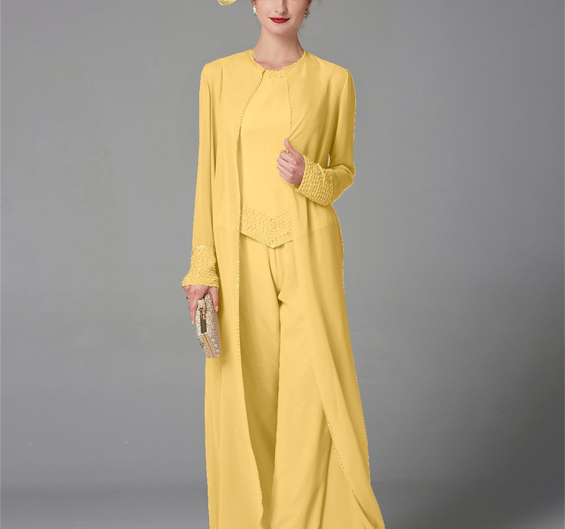 Long-Sleeve Chiffon Mother of the Bride Pantsuit with Jacket and Sequins-LLELLA