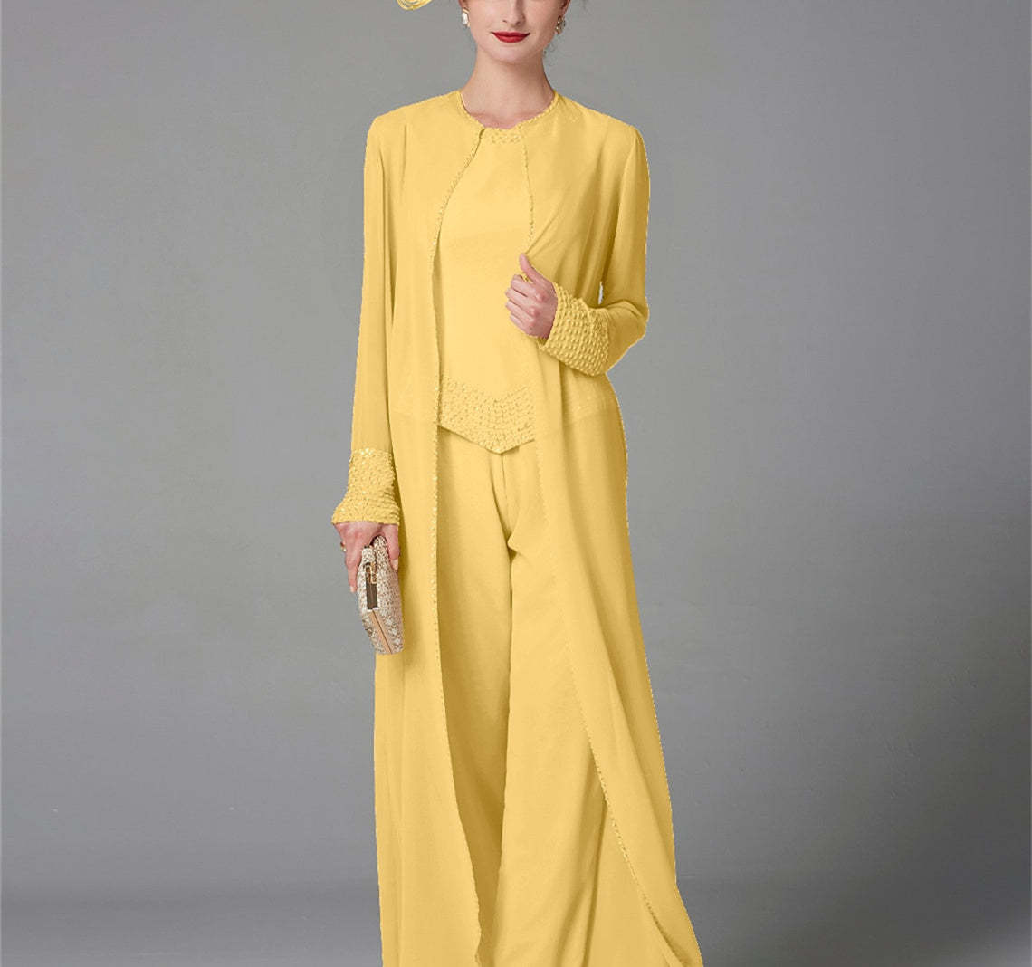 Long-Sleeve Chiffon Mother of the Bride Pantsuit with Jacket and Sequins-LLELLA
