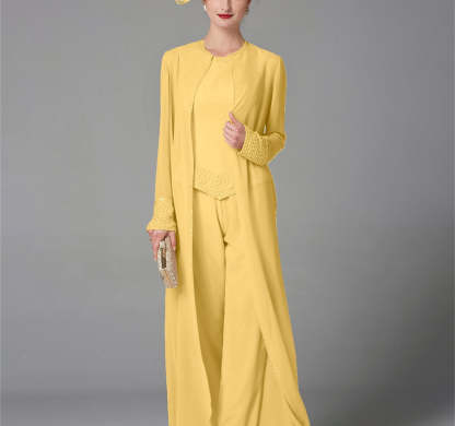 Long-Sleeve Chiffon Mother of the Bride Pantsuit with Jacket and Sequins-LLELLA