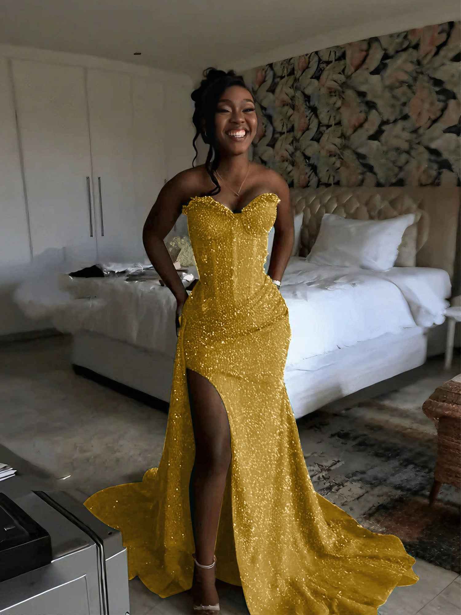 Glitter Strapless Mermaid Sequined Long Prom Dress with Slit-LLELLA