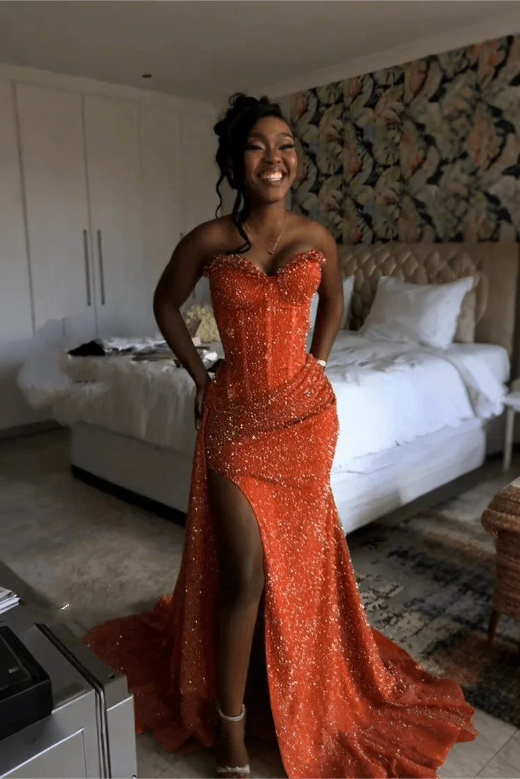 Glitter Strapless Mermaid Sequined Long Prom Dress with Slit-LLELLA