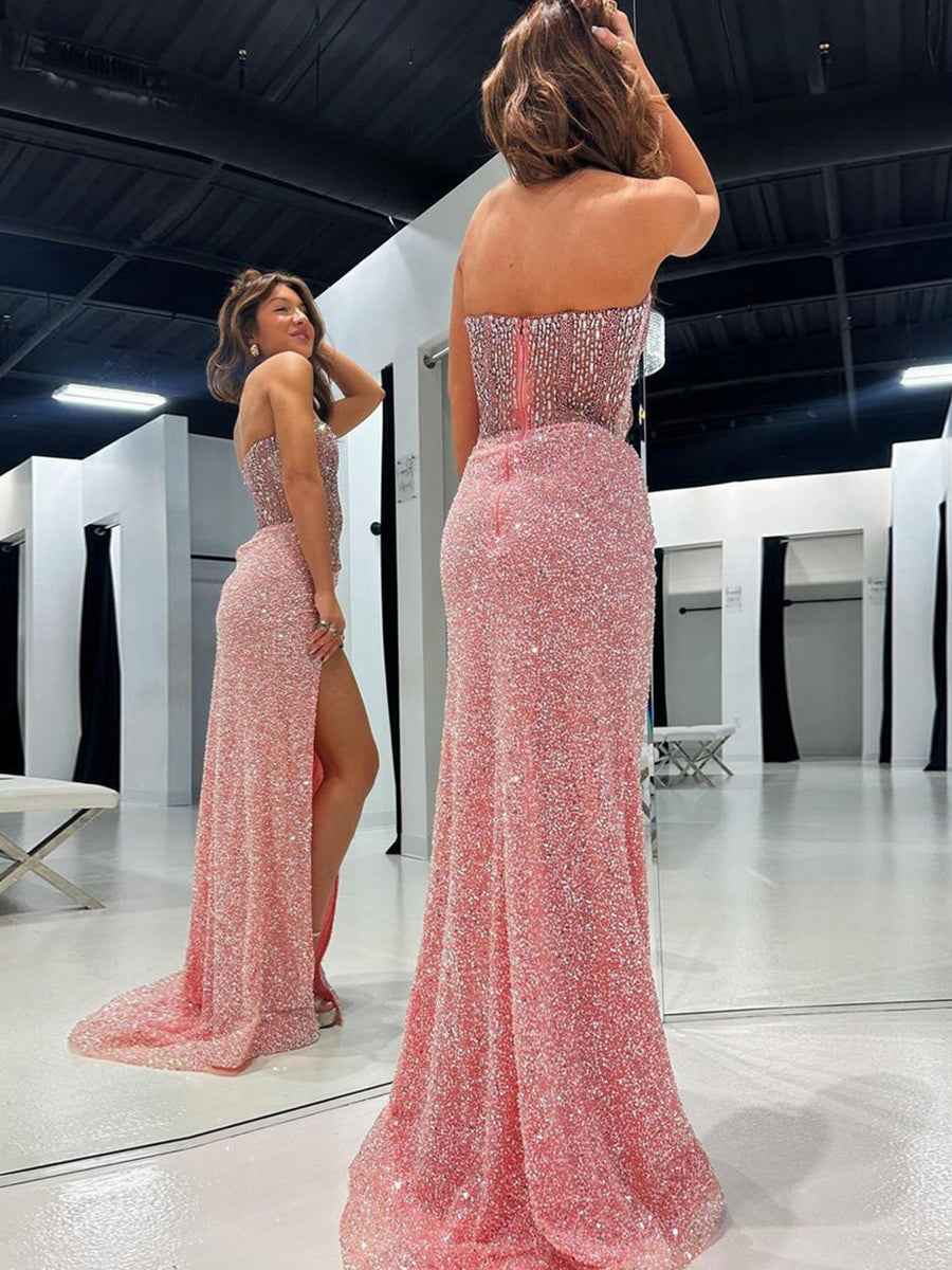 Gorgeous Sparkly Strapless Long Mermaid Prom Dress with Slit-LLELLA