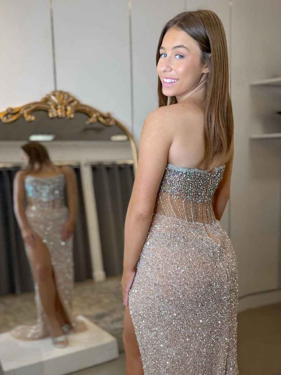 Gorgeous Sparkly Strapless Long Mermaid Prom Dress with Slit-LLELLA
