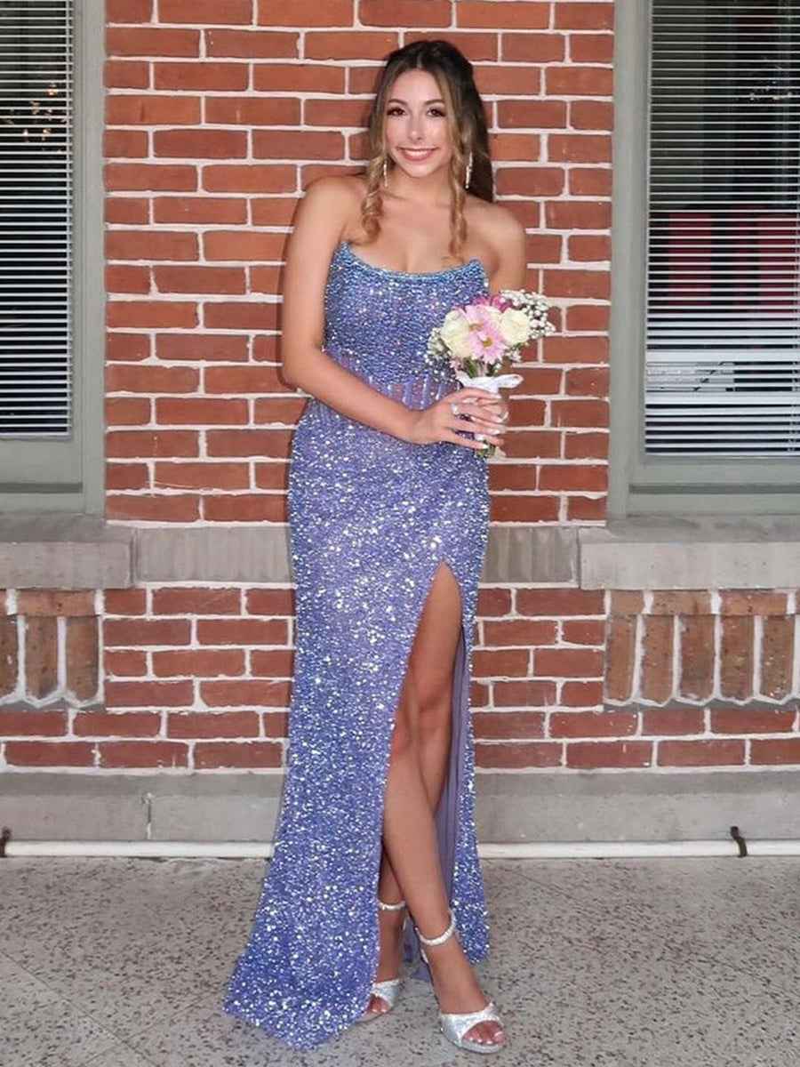 Gorgeous Sparkly Strapless Long Mermaid Prom Dress with Slit-LLELLA
