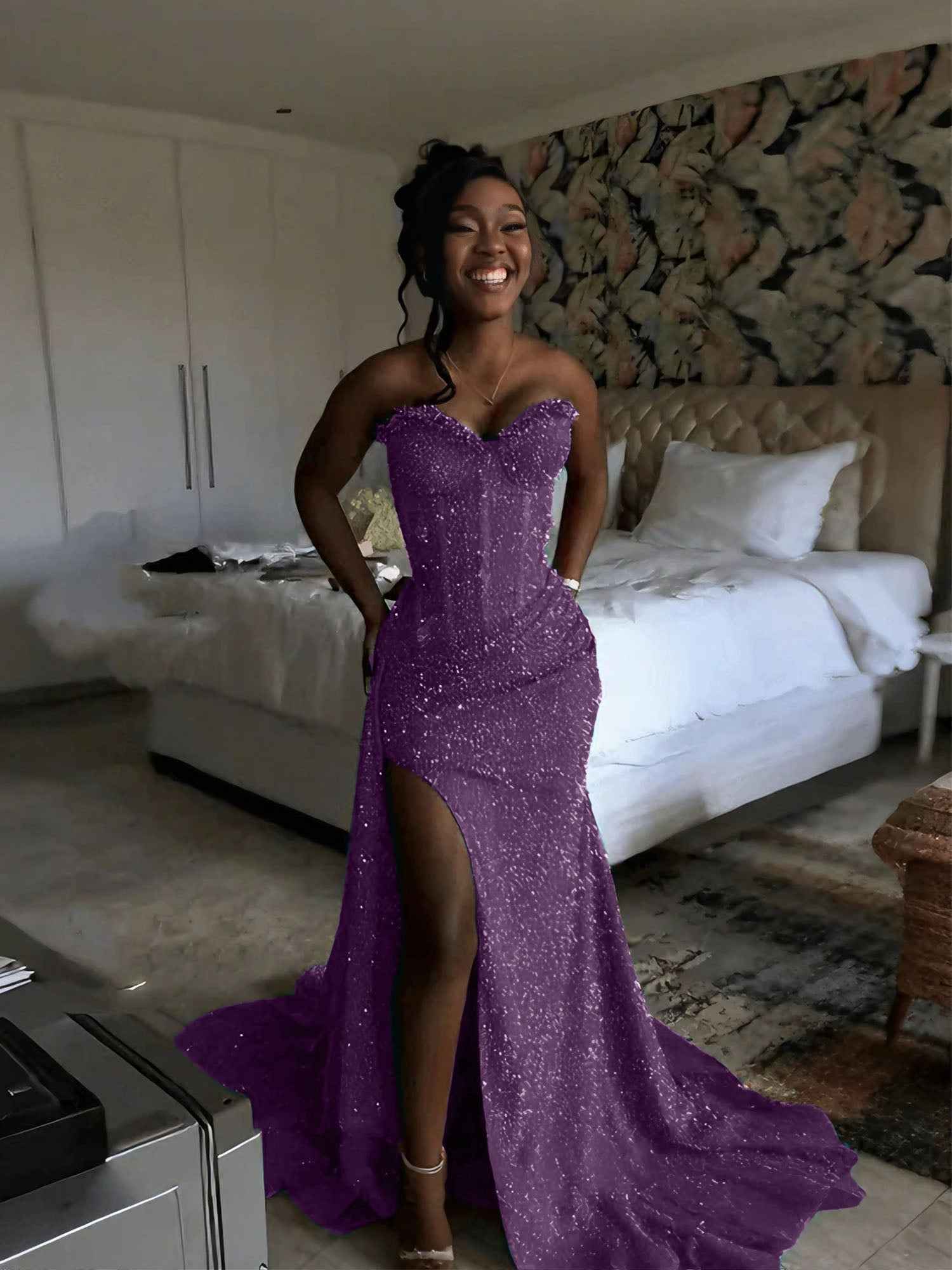 Glitter Strapless Mermaid Sequined Long Prom Dress with Slit-LLELLA