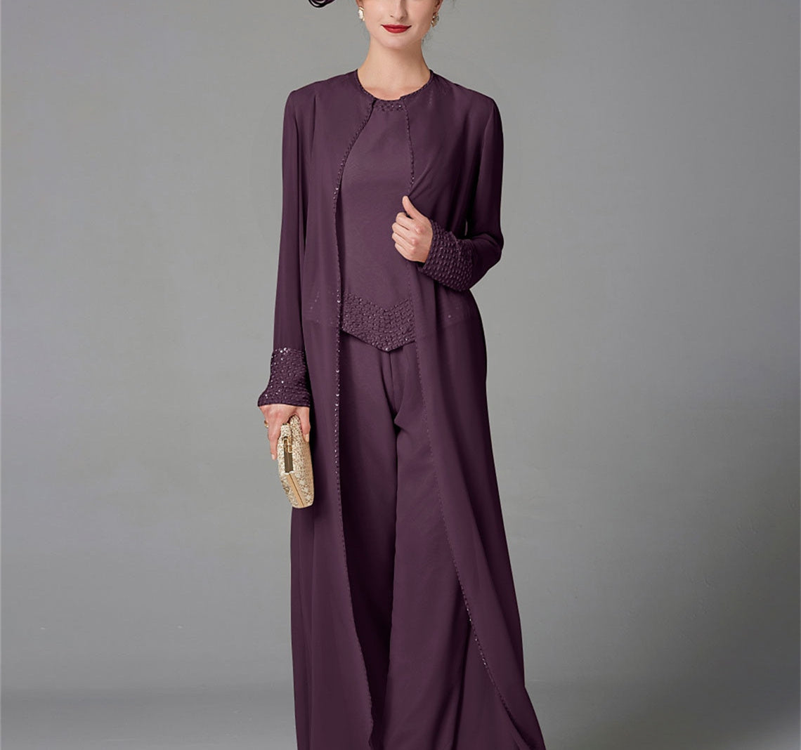 Long-Sleeve Chiffon Mother of the Bride Pantsuit with Jacket and Sequins-LLELLA