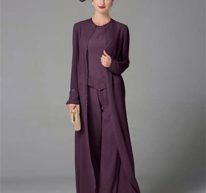 Long-Sleeve Chiffon Mother of the Bride Pantsuit with Jacket and Sequins-LLELLA