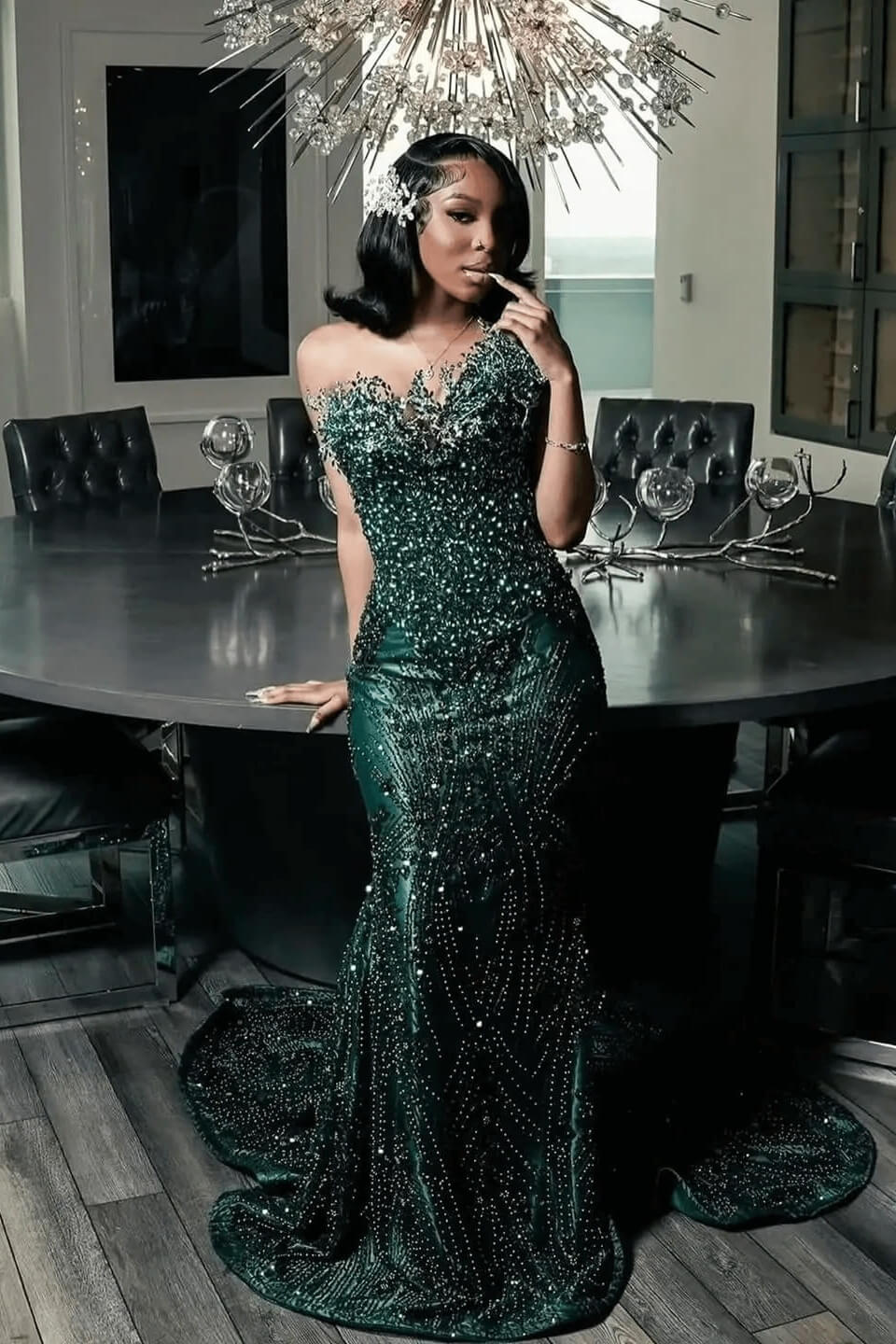 One shoulder Dark green Mermaid Sparkle Floor length Prom Dresses-LLELLA