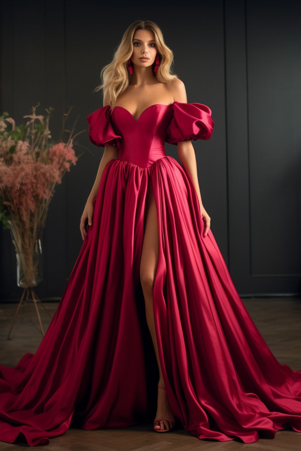 High Slit Off the Shoulder Prom Dress with Puff Sleeves-LLELLA