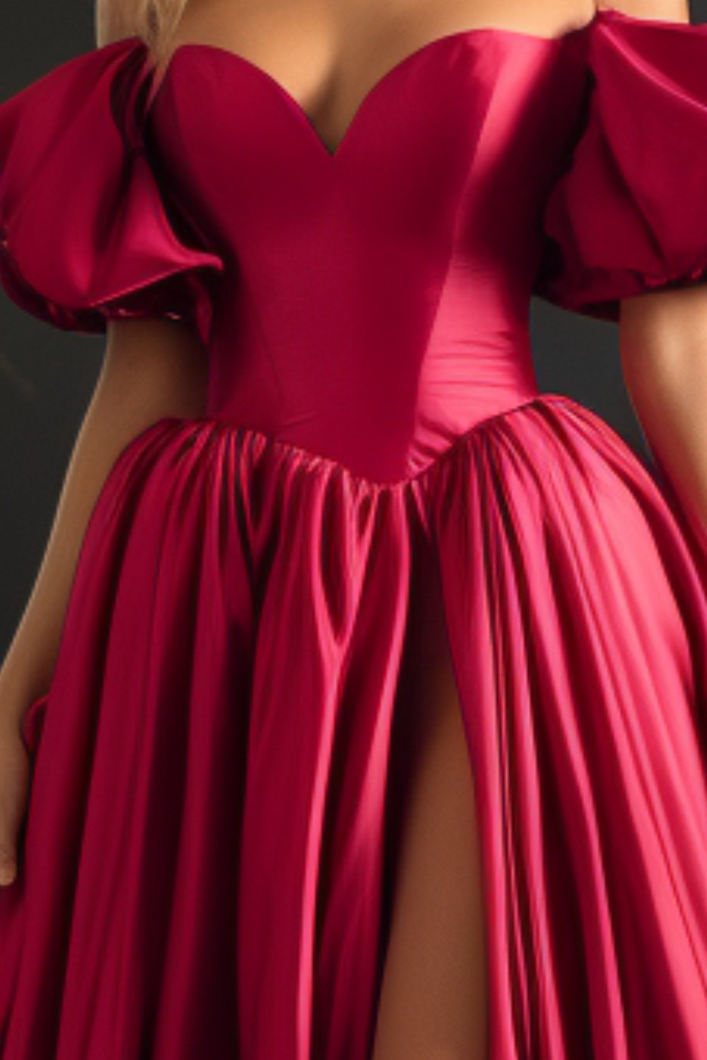 High Slit Off the Shoulder Prom Dress with Puff Sleeves-LLELLA