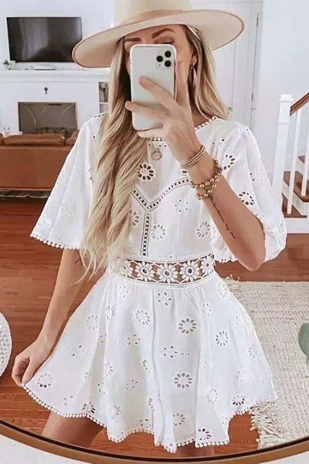 Bare Back Hollow Out White Dress-LLELLA