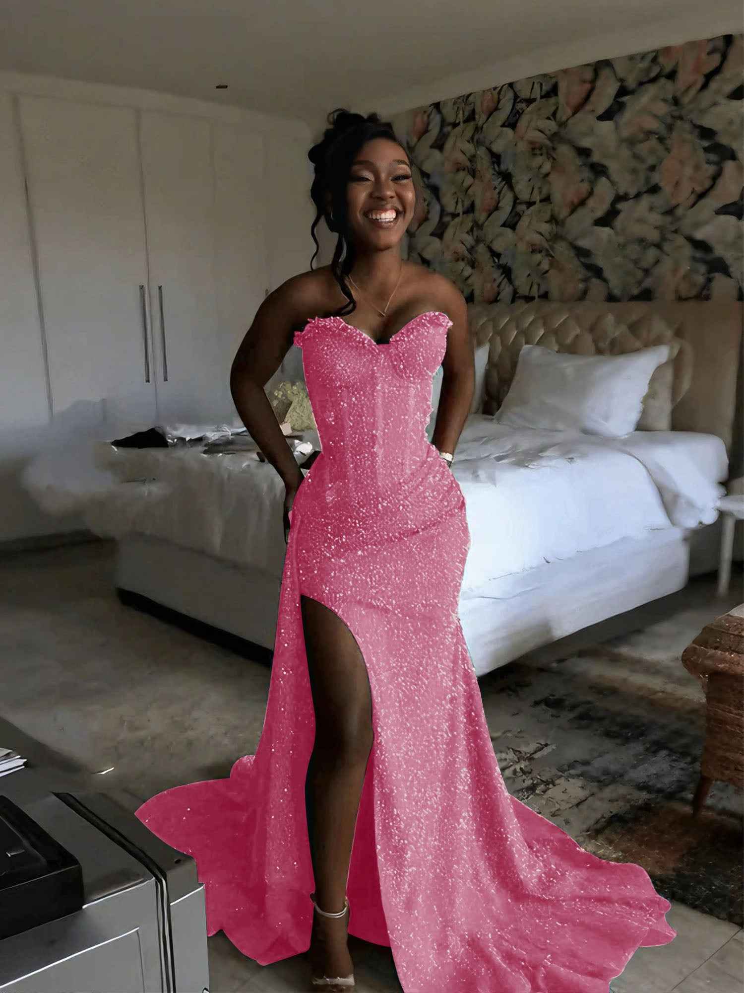 Glitter Strapless Mermaid Sequined Long Prom Dress with Slit