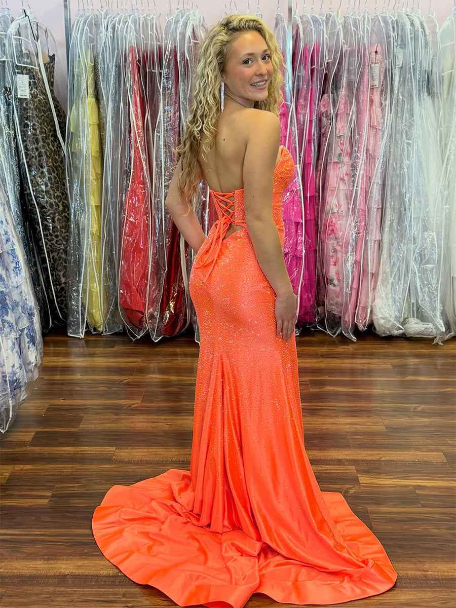 Hot Pink Mermaid Strapless Corset Bodice Long Prom Dress with Ruffle Slit