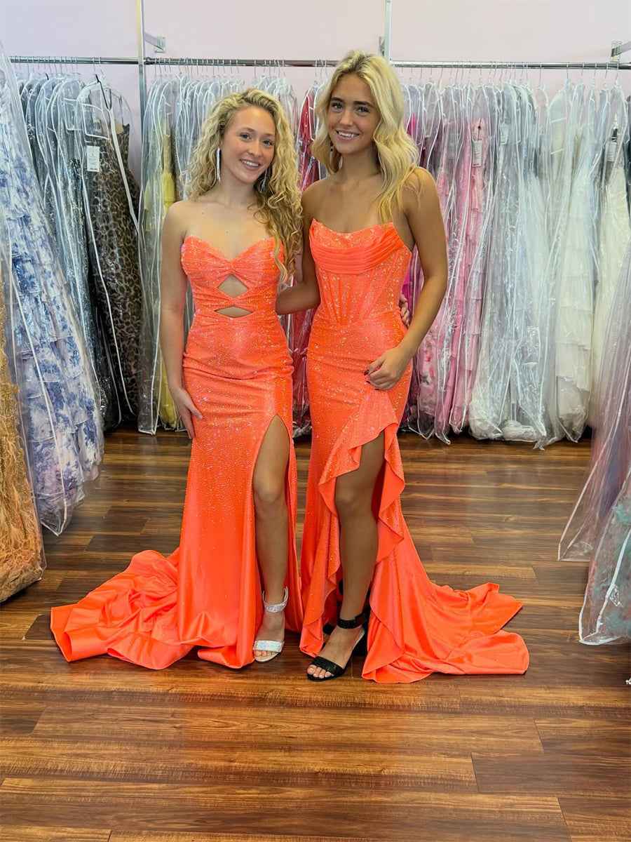 Hot Pink Mermaid Strapless Corset Bodice Long Prom Dress with Ruffle Slit