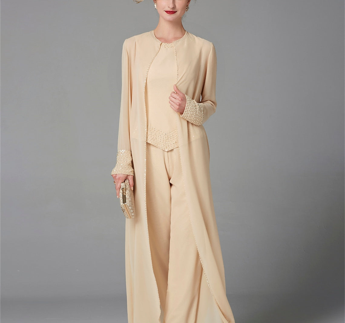 Long-Sleeve Chiffon Mother of the Bride Pantsuit with Jacket and Sequins-LLELLA
