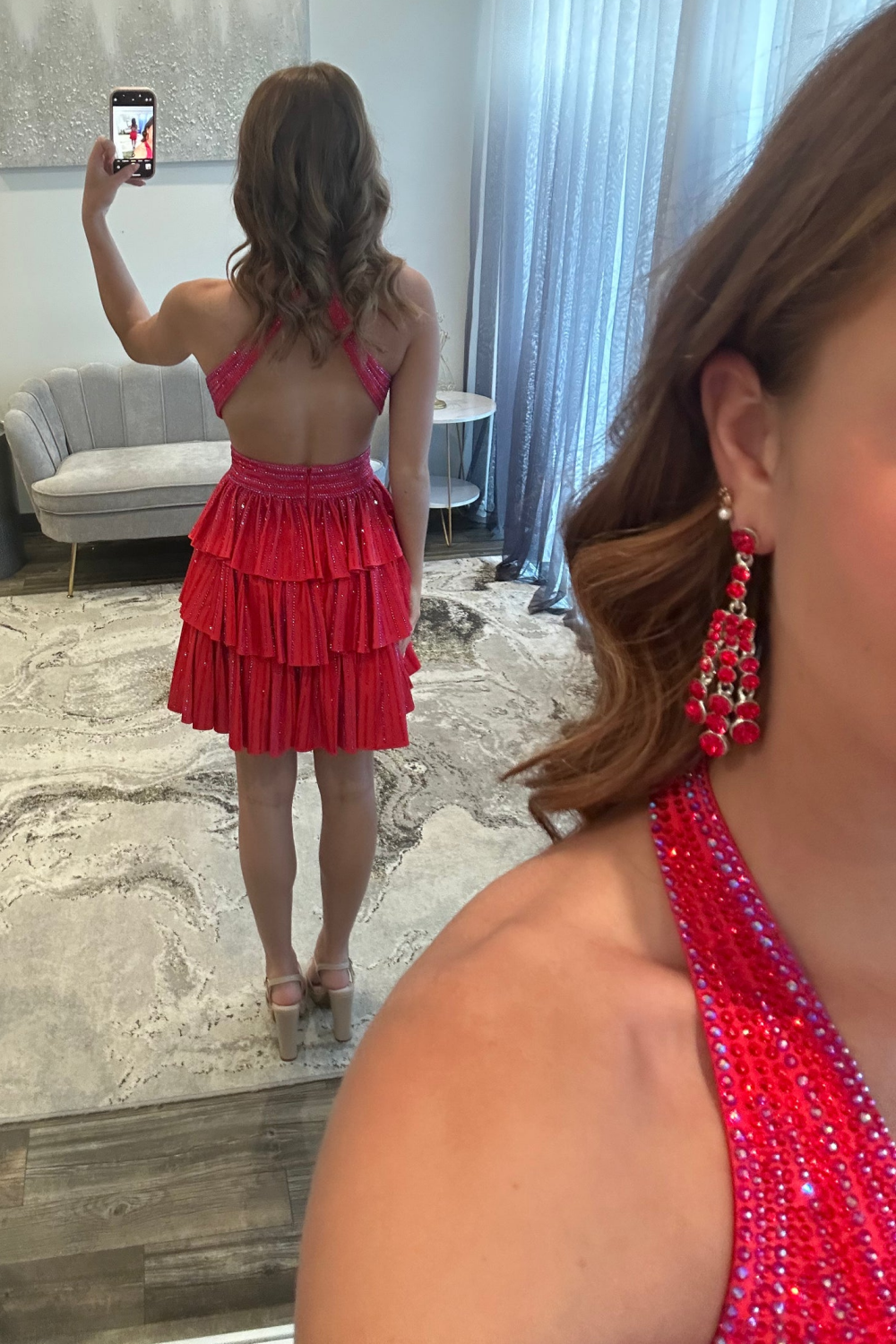 Sparkly Red A Line Tiered Halter Short Beaded Homecoming Dress with Ruffles