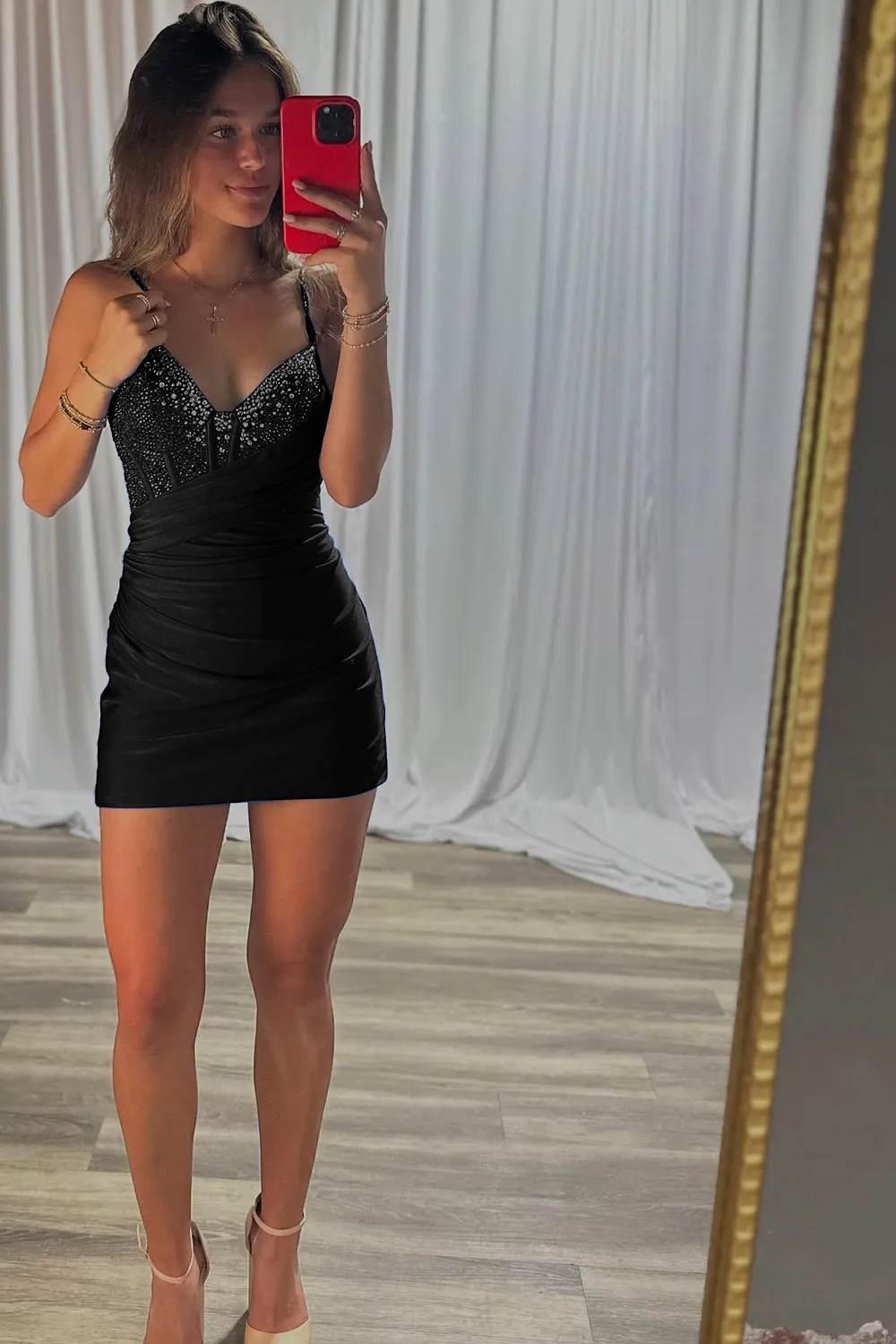 Sparkly Blush Pink Tight Ruched Short Corset Homecoming Dress with Beading