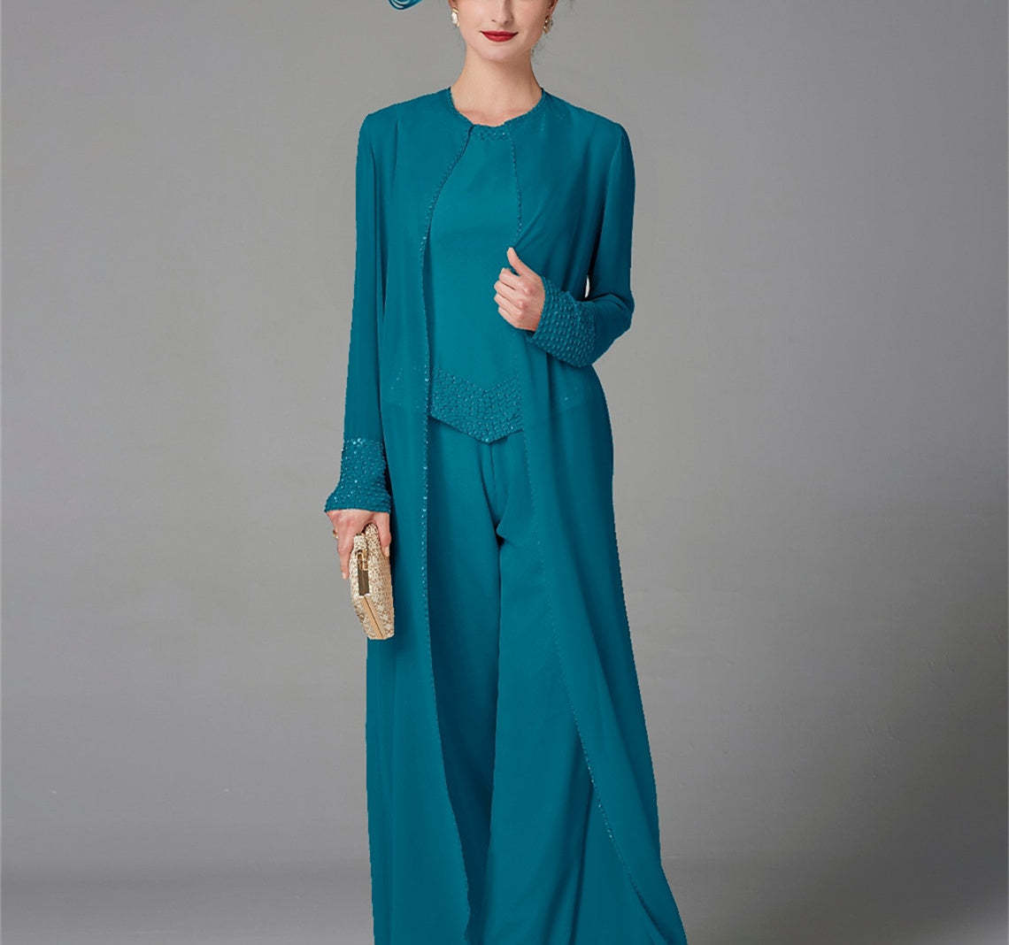 Long-Sleeve Chiffon Mother of the Bride Pantsuit with Jacket and Sequins-LLELLA