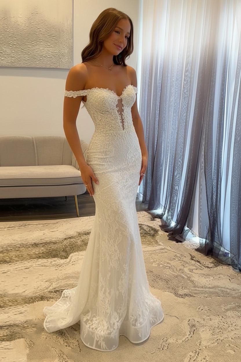 Navy Prom Dress Off The Shoulder Mermaid Long Lace Formal Dress-LLELLA