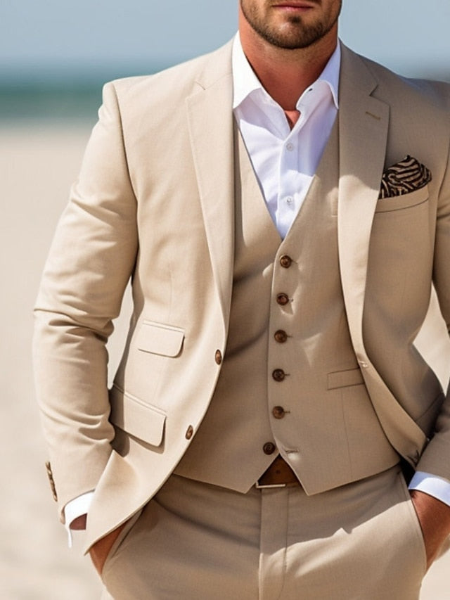 Men's Tailored Fit Single Breasted Two-buttons 3 Pieces Wedding Suits Khaki