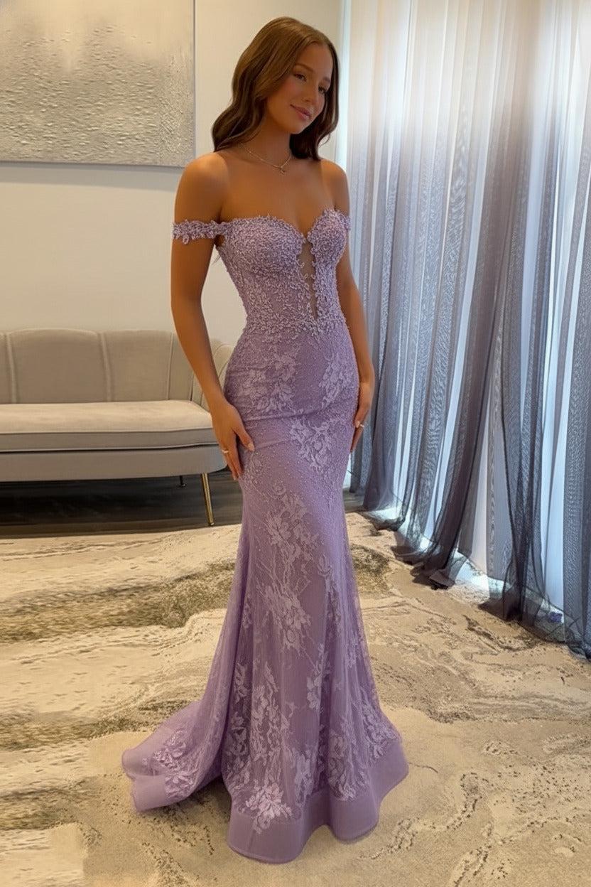 Navy Prom Dress Off The Shoulder Mermaid Long Lace Formal Dress-LLELLA