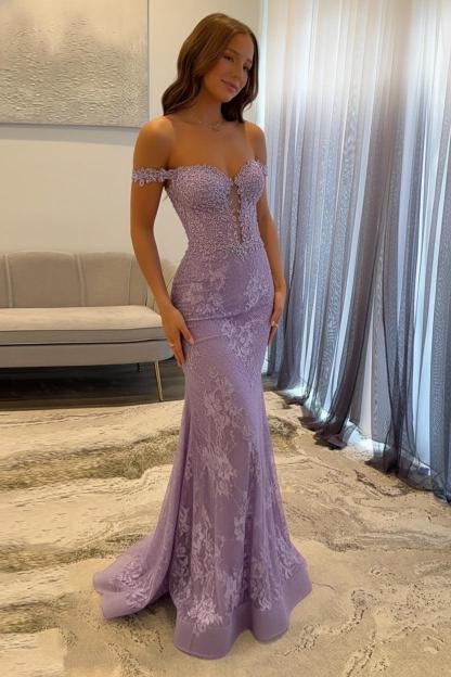 Navy Prom Dress Off The Shoulder Mermaid Long Lace Formal Dress