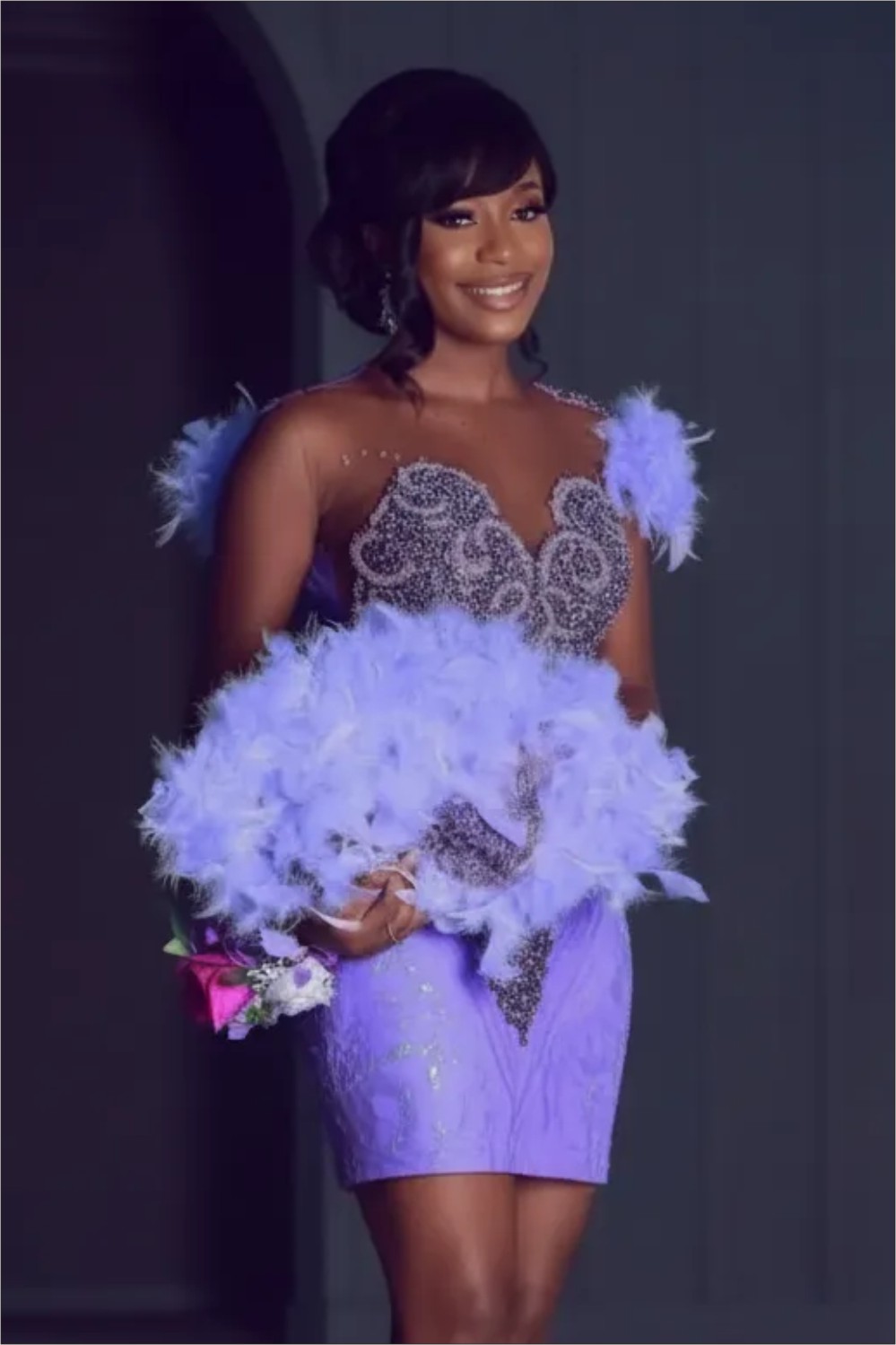 Lavender Dream Crystal Beaded Short Homecoming Dress with Feather Sleeves & Ruffle Skirt