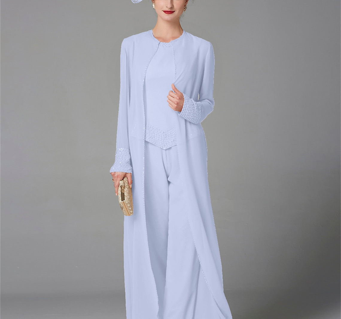 Long-Sleeve Chiffon Mother of the Bride Pantsuit with Jacket and Sequins-LLELLA