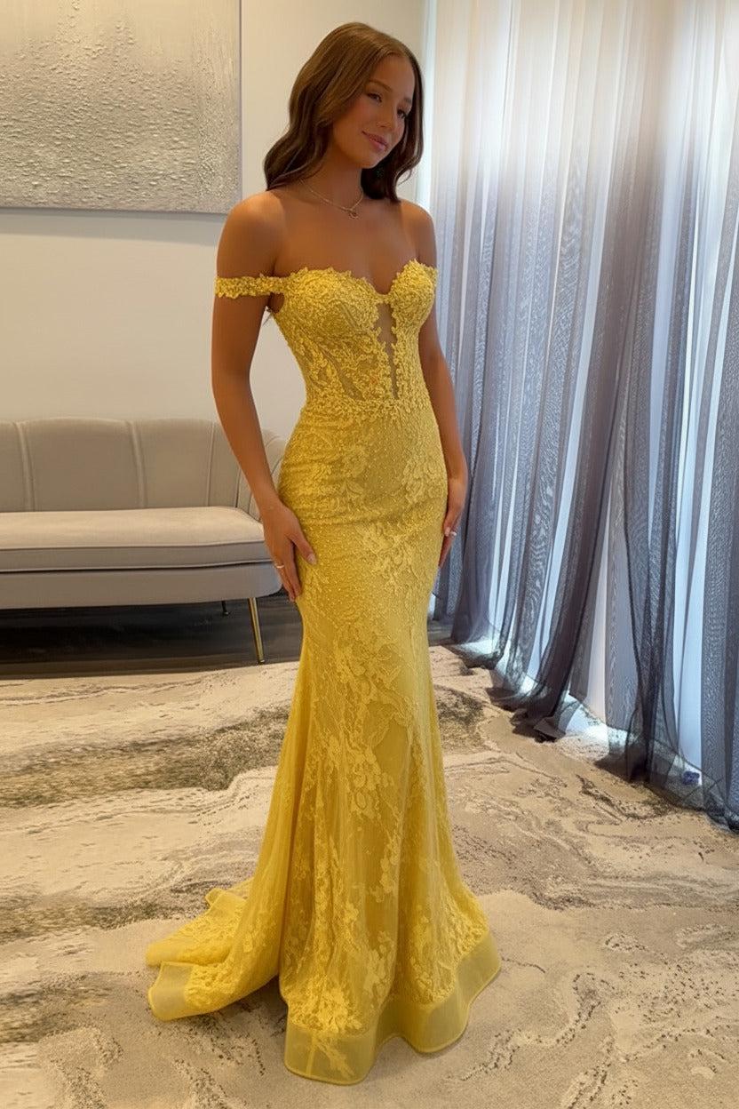 Navy Prom Dress Off The Shoulder Mermaid Long Lace Formal Dress-LLELLA