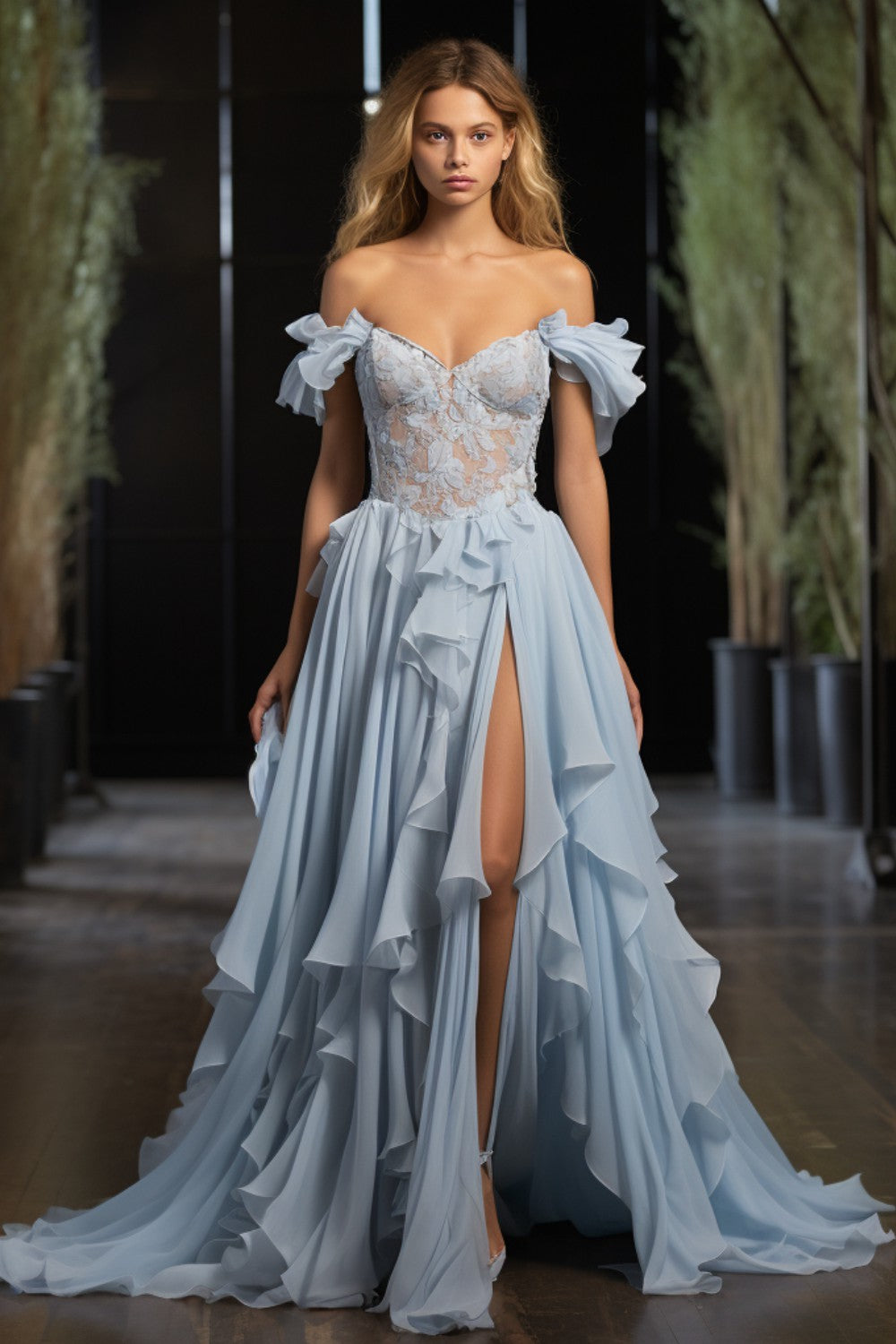 Light Blue Ruffle Prom Dress with Slit-LLELLA