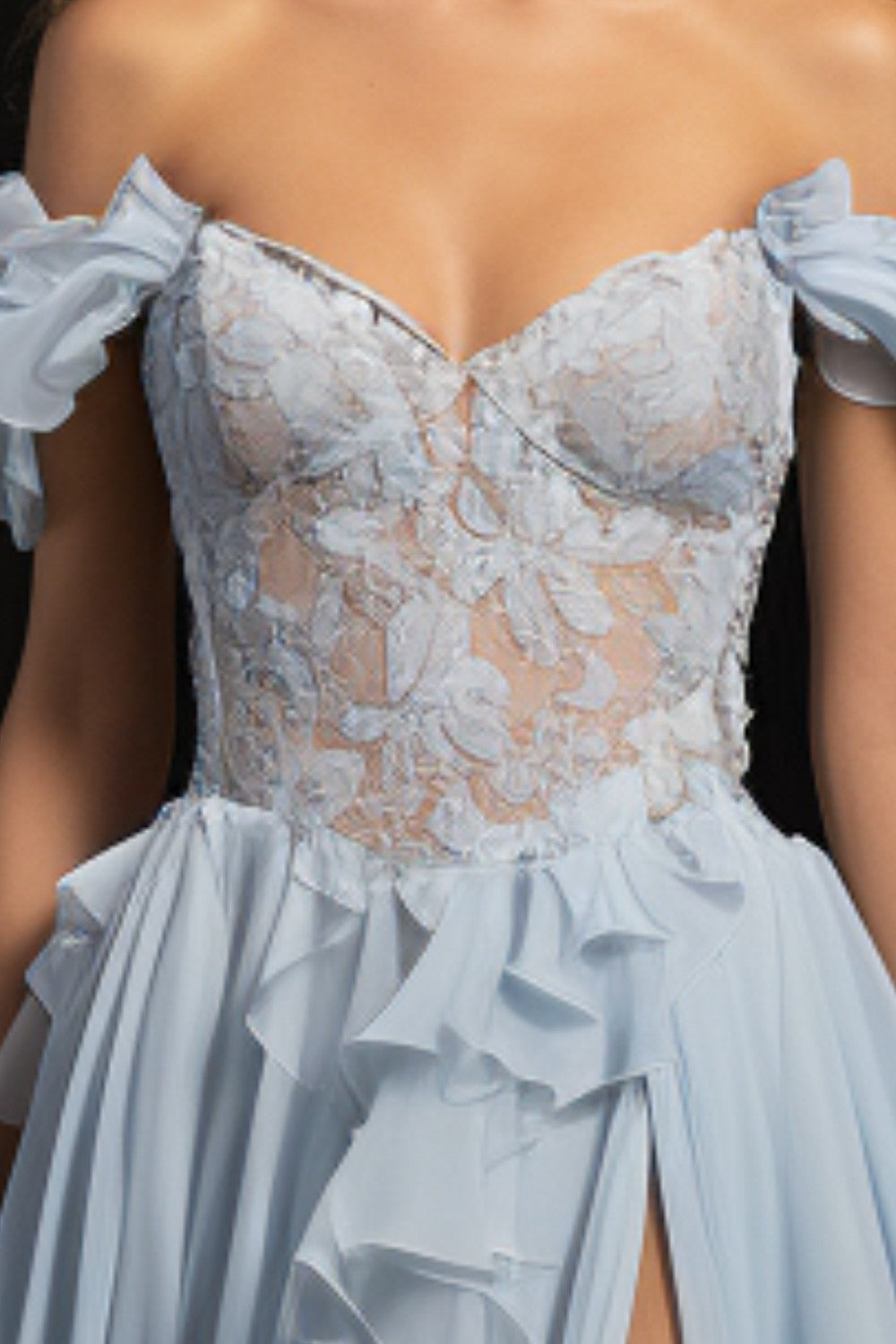 Light Blue Ruffle Prom Dress with Slit-LLELLA