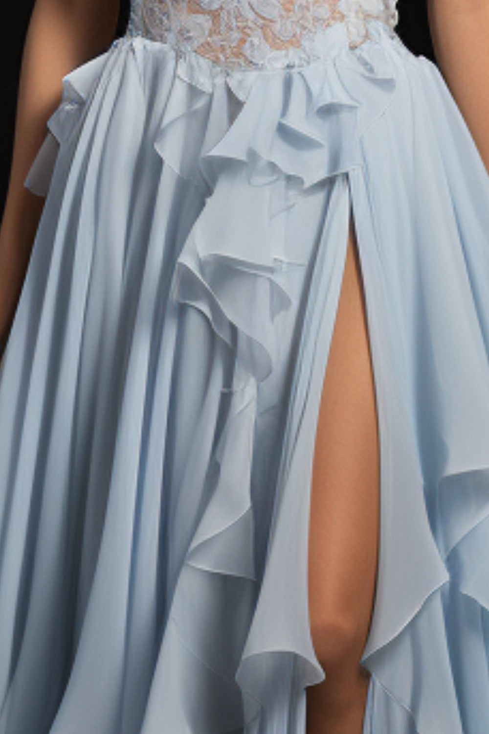 Light Blue Ruffle Prom Dress with Slit-LLELLA