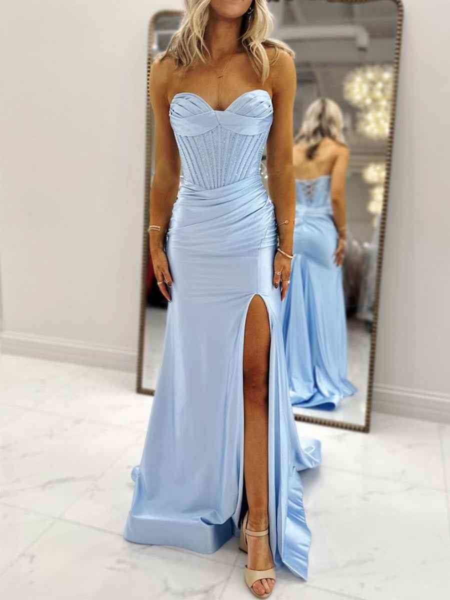 Light Blue Strapless Beaded Corset Satin Prom Dress with Slit