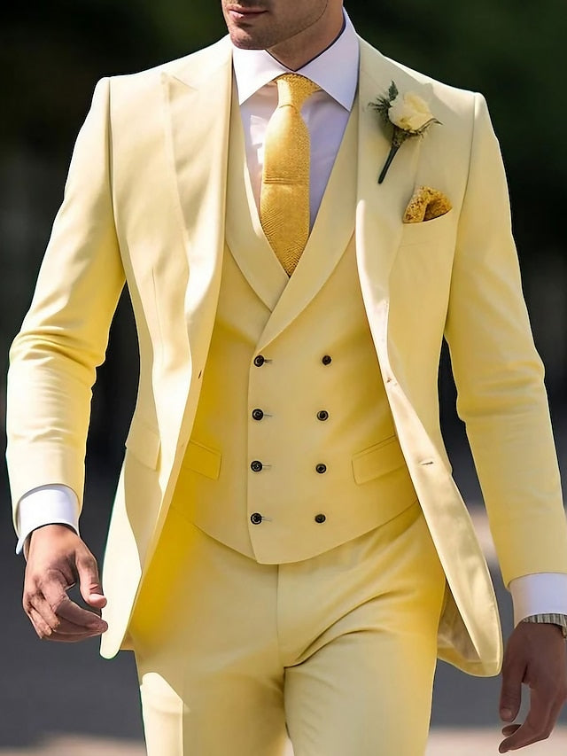 Men's Tailored Fit Single Breasted Two-buttons 3 Pieces Wedding Suits Light Yellow