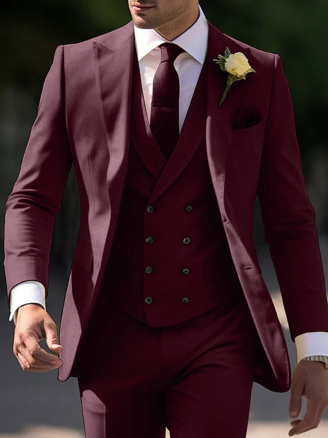 Men's Tailored Fit Single Breasted Two-buttons 3 Pieces Wedding Suits Burgundy