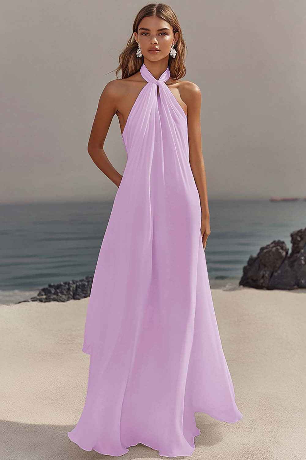 Flowy Sky Blue Chiffon A Line Halter Backless Long Prom Dress-LLELLA