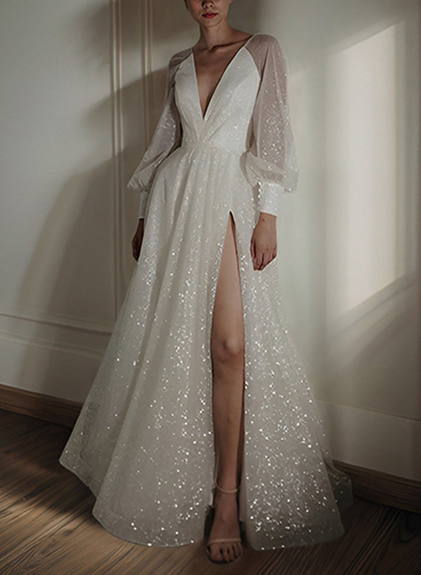 A-Line/Princess V-Neck Floor-length Wedding Dress White