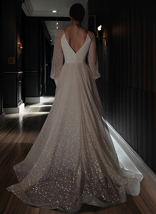 A-Line/Princess V-Neck Floor-length Wedding Dress Champagne