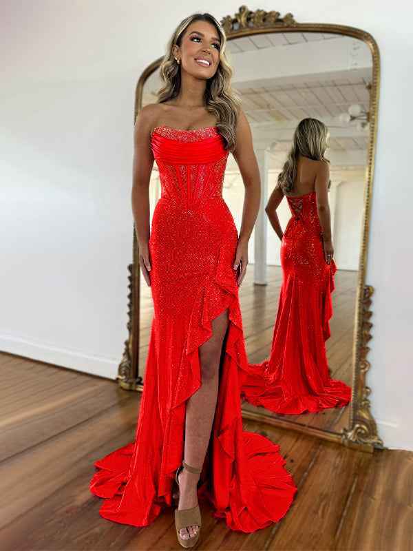 Hot Pink Mermaid Strapless Corset Bodice Long Prom Dress with Ruffle Slit