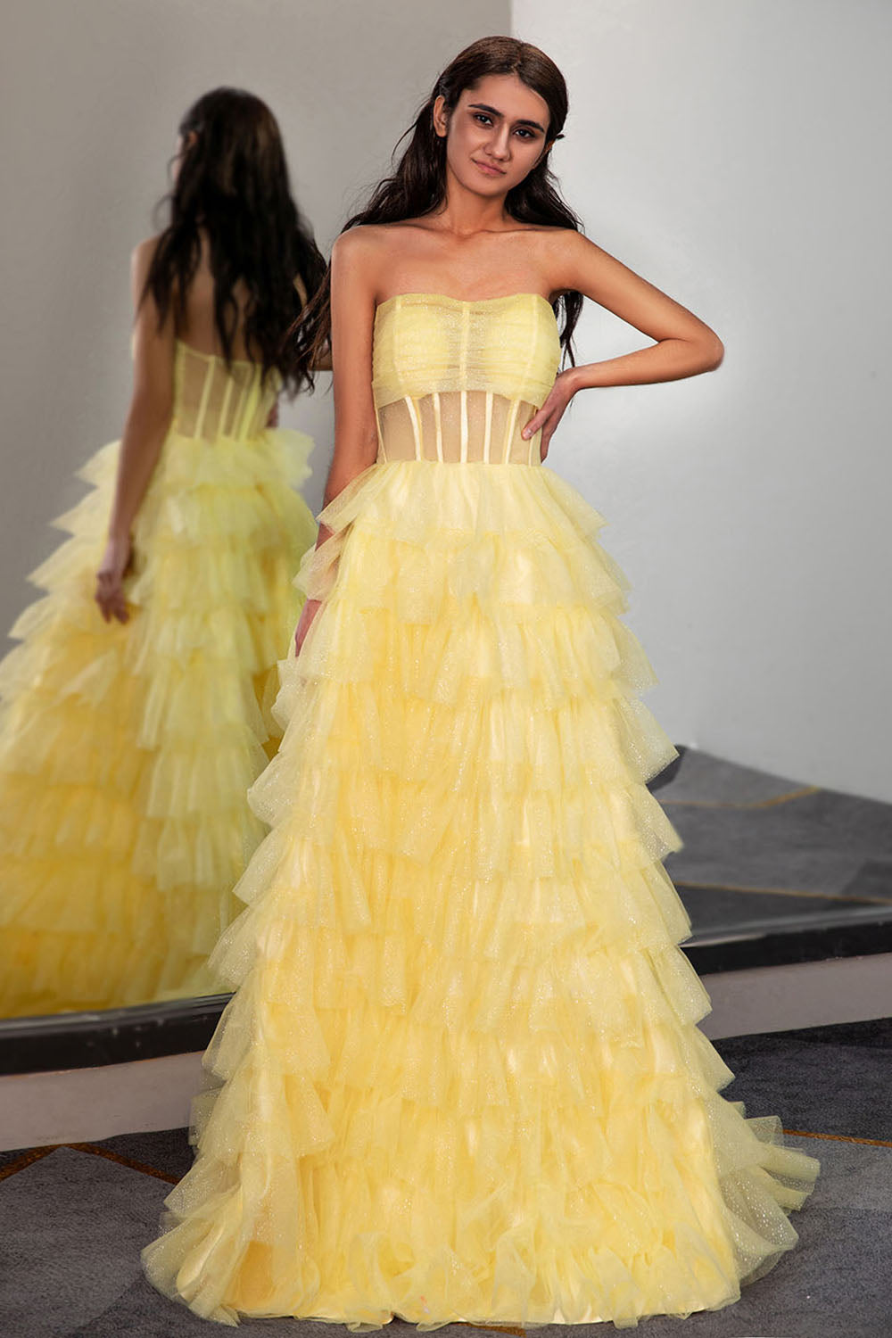 Strapless Ruffle Prom Dress-LLELLA