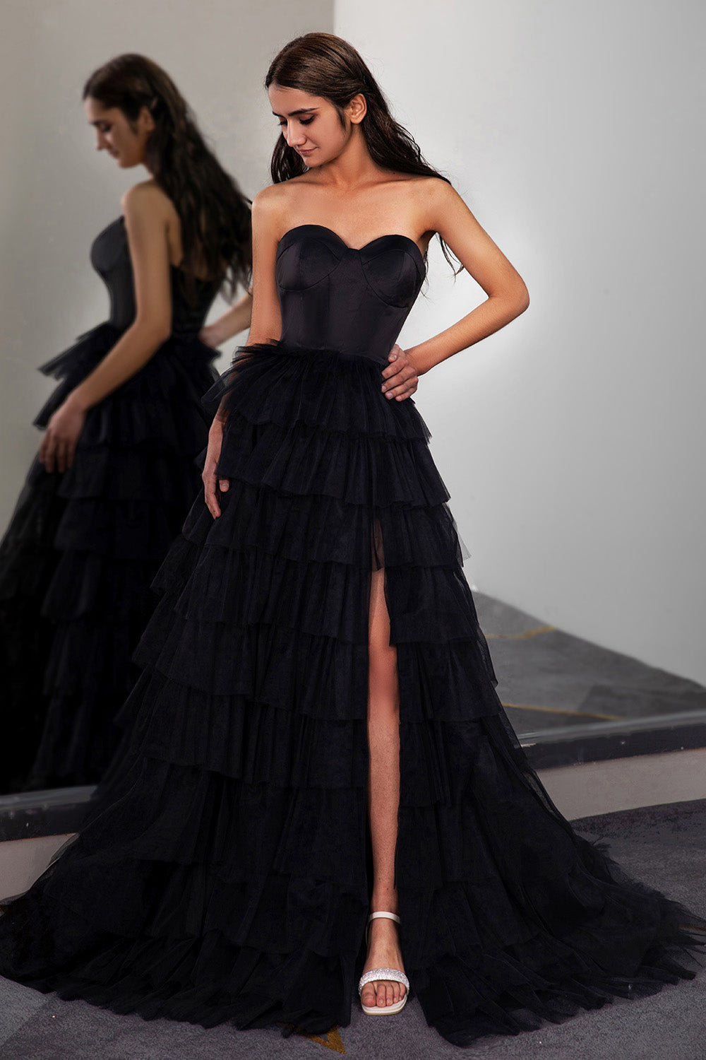 Strapless Slit Prom Gown with Corset Bodice-LLELLA