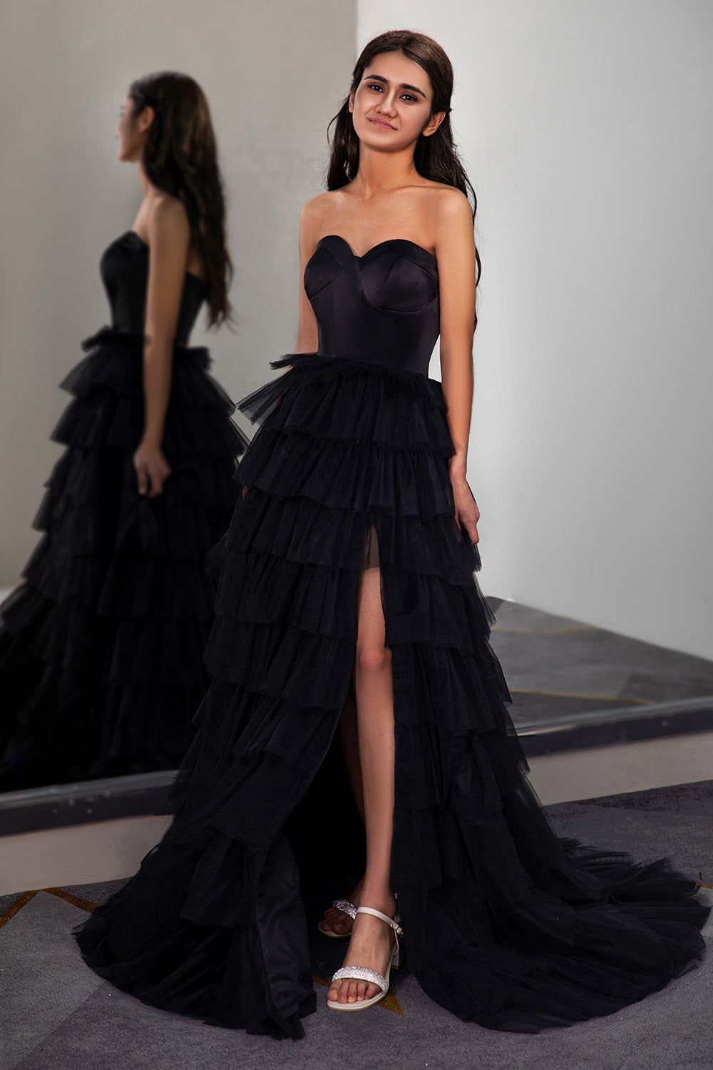 Strapless Slit Prom Gown with Corset Bodice-LLELLA