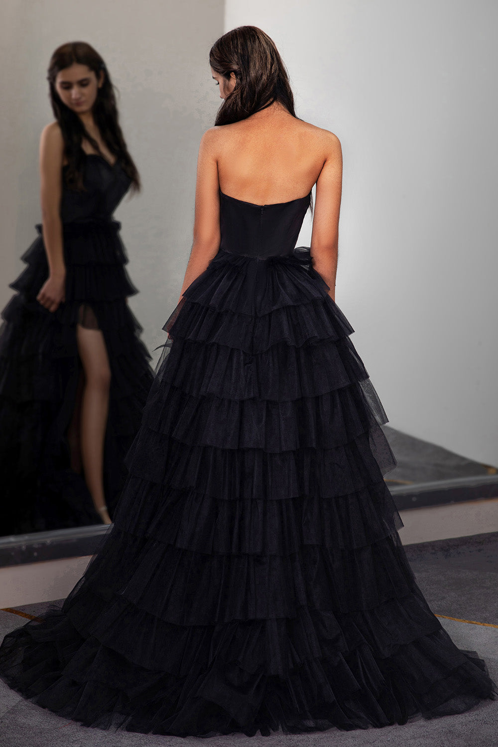 Strapless Slit Prom Gown with Corset Bodice-LLELLA